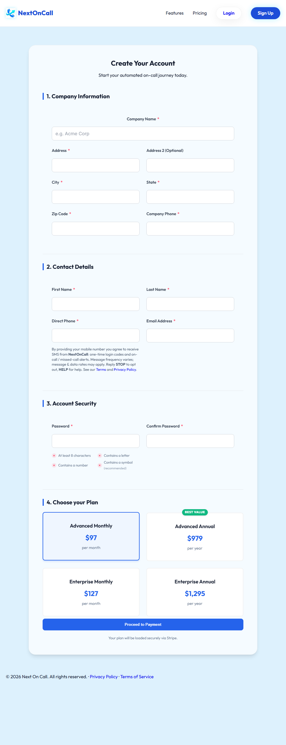 NextOnCall account signup form. The Direct Phone field displays the SMS consent disclosure quoted above.